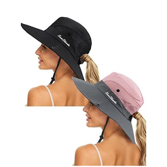 2 Pack Summer Sun-Hat Ponytail - Outdoor UV-Protection Mesh Wide Brim Foldable